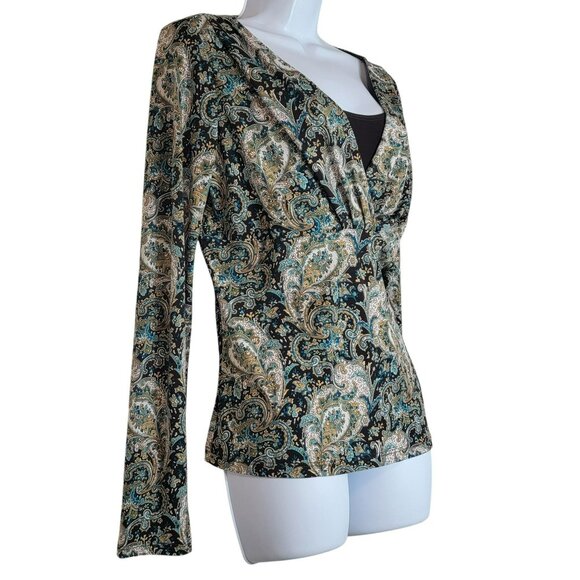 Perseption Concept Blouse, Women M, Brown,Blue & Tan Paisley, Shell,V Neck, EUC - Picture 2 of 11